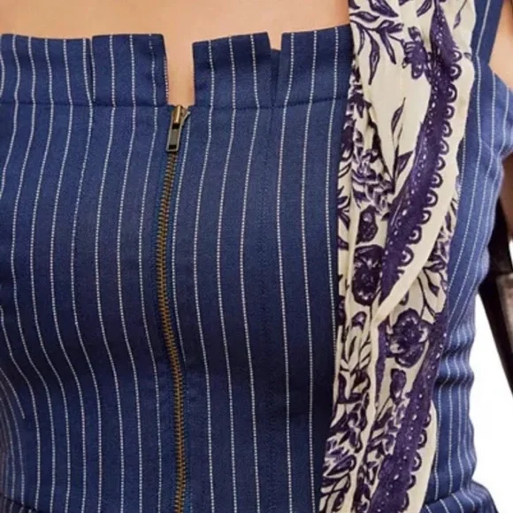 💕Free People💕 Blue Striped Peplum Corset Cropped Top - Picture 3 of 5